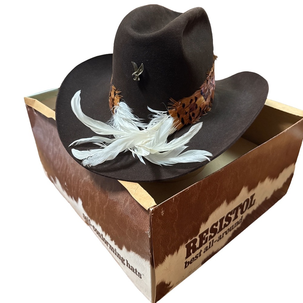 Vintage Resistol Western Felt Hat w/ Feather Band | USA Made | 7 3/8 | Box